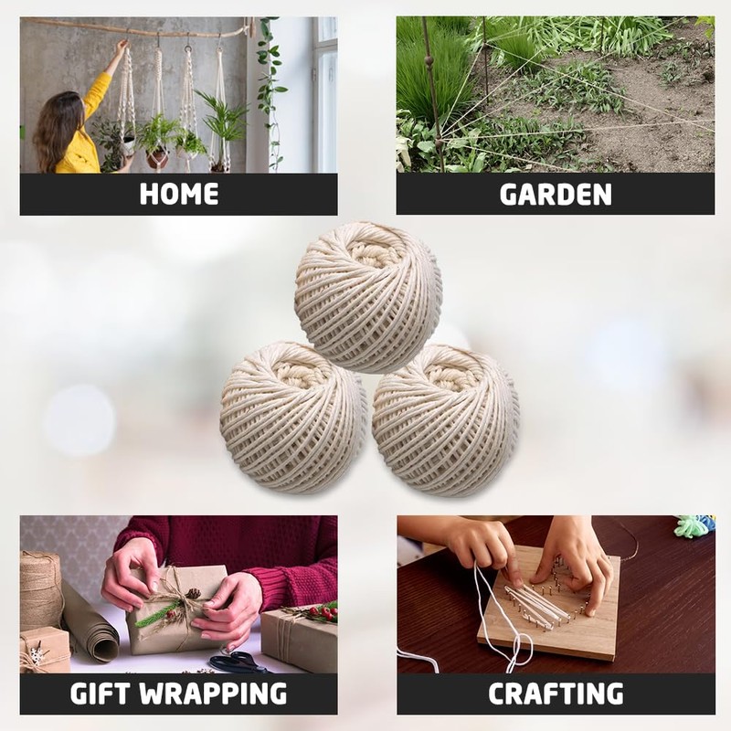 3 Pack Cotton String Ball, 100% Cotton Roll Each 45m