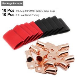 TKDMR 10pcs 2/0 AWG-3/8 Battery Lugs,Heavy Duty Wire Lugs,Ring Terminals,Battery Cable Ends,0 Guage terminals,Battery Terminal Connectors with 10pcs 3:1 Heat Shrink Tubing