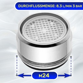 Aerator for taps with connection M24, made of chrome-plated brass, water consumption of 8.3 l/min, 3 bar. MONTERAL
