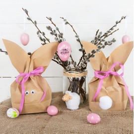 Logbook Publishing Easter Bunny Bags Cross Bottom Bag with Eyes + Puschel + Bow in Yellow, Pink, Turquoise, Natural