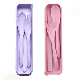 Reusable Utensils Set with Case, Plastic Fork Knife Spoon Cutlery Set,2 Sets Portable Camping Tableware for Travel Picnic School Office Lunch or Daily Use (purple Pink)