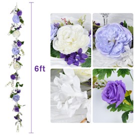 Lvydec Artificial Peony Flower Garland - 6ft Silk Peony Purple Flower Garland Arch Flower Vine for Wedding Party Table Decoration (2, Purple and White)