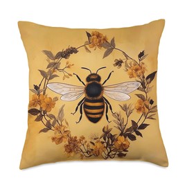 Boho Cottage Floral Garden Honeybee Accessories Cute Cottagecore Honeybee Black and Yellow Bumble Bee Design Throw Pillow, 18x18, Multicolor