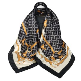 35 inches Silk Feeling Formal Large Square Neck Scarf Head Hair Wraps Handkerchief for Women Girls(Black Saddle)