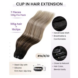 LaaVoo Hair Extensions Clip ins Ombre Black Human Hair Clip in Extensions Natural Black to Light Brown Mix Blonde Balayage Clip in Hair Extensions 14 Inch 7pcs 120g Double Weft Silky Straight