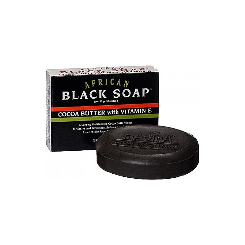 MADINA African Black Soap Cocoa Butter with Vitamin E, 3.5