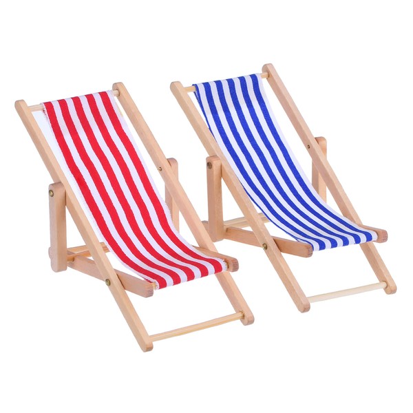 2 Pieces 1:12 Miniature Foldable Wooden Beach Chair Chaise Longue Deck Chair Mini Furniture Accessories with Red/Blue Stripe for Indoor Outdoor