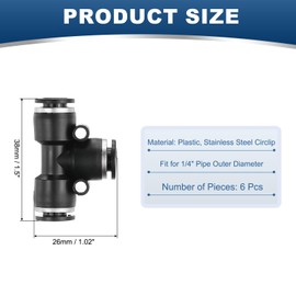 PATIKIL 6 Pcs t Shape 3 Way Push to Connect Fitting, 1/4" OD Tube Reducer Connector Quick Push Lock Adapter Air Hose Fitting for Pneumatic System Pipeline Connection, Black
