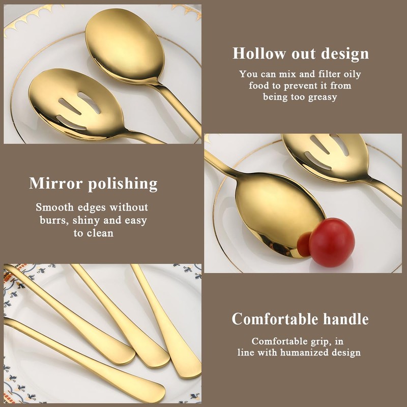 Parthan 8 Pcs Golden Serving Spoons Set, Including 4 Solid