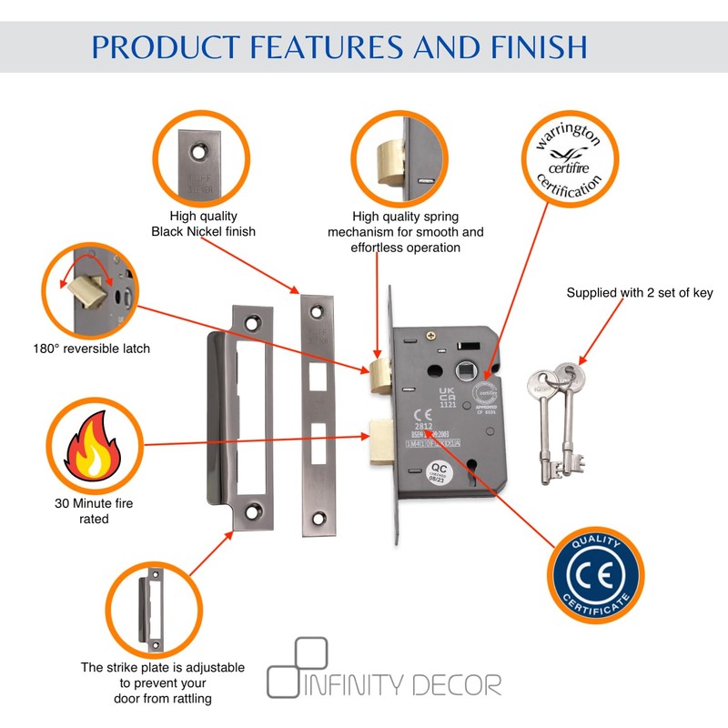 Infinity Decor Fire Rated Black Nickel 3 Lever Mortice Sash