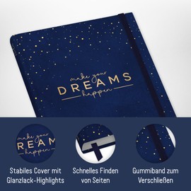 paper&you® Notebook A5+ Blank with Elastic Band [Make Your Dreams Happen] 156 Pages, 78 Sheets | as Bullet Journal Sketch Book Sketchbook Diary Notebook | Sustainable & Climate Friendly