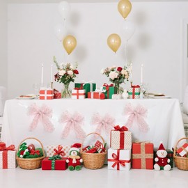 4 Pack Extra Large Bow Garland Light Pink Banner, Decorations for Party, with 30 Clear Glue Point and 2m Ribbon, Mesh Yarn-Comes with Star Sequins, for Baby Women Girls Bridal Bachelorette Shower