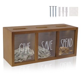 Himitimi Wooden Piggy Bank for Kids, Spend Save Give Money Saving Box Visualized Coin and Cash Savings Box for Childrens Boys Girls Adults(Countertop & Wall-Mount, Brown)