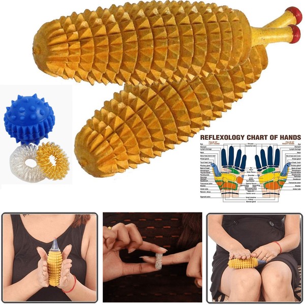 BOSKY Handmade Wooden Ancient Acupressure Spiked Hand Massager Exercise Therapy Deep Tissue Trigger Set of 2 Pcs, Sujok Ball and Rings with Reflexology Chart