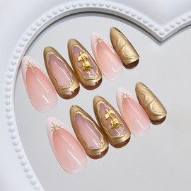 3D Flower Press on Nails Almond Medium Fake Nails French Tip Nails Press ons Summer Stick on Nails White Gold Acrylic Nails Medium Length Artificial False Nails Cute Glue on Nails for Women 24Pcs