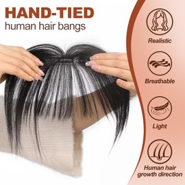 HAIRCUBE Bangs Hair Clip in Bangs 100% Real Human Hair Bangs Clip in Hair Extensions Fake Bangs Air Bangs Hairpieces for woman with Temples 3 Secure Clips in Full Fringe Natural Black