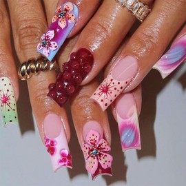 3D Flower Press on Nails Long Square Fake Nails French Tips Glue on Nails with Designs Spring Summer Nails Decorations Colorful Coffin Nail Tips Full Cover False Nails for Women Gilrs Manicure 24Pcs