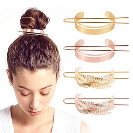 4 Pieces Hair Cuff Clips, BENBO Round Top Hair Stick Bun Holder Feather Hair Cuff Bun High Polished Metal Hair Bun Cage Ponytail Cuffs Wedding Hair Accessories for Women Girls (Gold, Rose Gold)