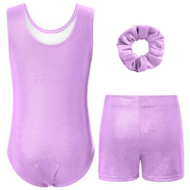 TUONROAD 3 Piece Purple Leotards for Girls Gymnastics with Shorts Sparkly Ballet Dance Outfits Set Big Girl's Activewear Kids Athletic Psychedelic Sporty One Piece Gymnastics Suit, 6-7 Year Old