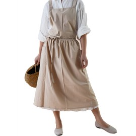 ACHSOO Cotton Solid Color Pinafore with Pockets Cross Back Straps Casual Bib Aprons Cooking Gardening Coffee Shop (Beige-A)