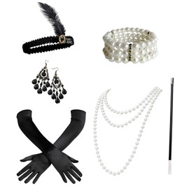 FDRJKN 1920s Accessories for Women, Great Gatsby Flapper Headband with Pearl Bracelet, Vintage Earrings, Black Gloves, and Accessories for Roaring 20s Party, Gatsby Themed Events, and Costume Dress