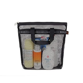 Bags in bag Portable shower Mesh Caddy bag Quick Dry Hanging Toiletry and Bath Organizer for travel and swimming (Black)