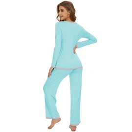 WiWi Women's Viscose from Bamboo Pajama Sets Soft Long Sleeves Top with Pants Loose 2 Pieces Loungewear Set S-XXL, Aqua, Small