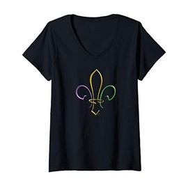 Womens MARDI GRAS GOLD PURPLE GREEN FLEUR DE LIS V-Neck T-Shirt