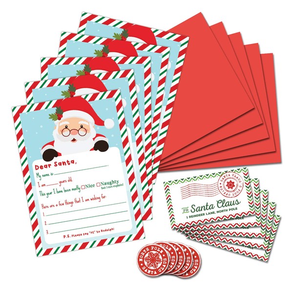 PINK PIXIE STUDIO Letter to Santa Christmas Wish List Writing Kit- Pack of 5- Fill in The Blank 5 x 7 Cards with Red Envelopes & Stickers- Holiday Family Tradition- Christmas Nice & Naughty List Elf