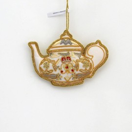 Zardozi Embroidery - White Teapot with Gold Leatherette Back - Christmas Ornament