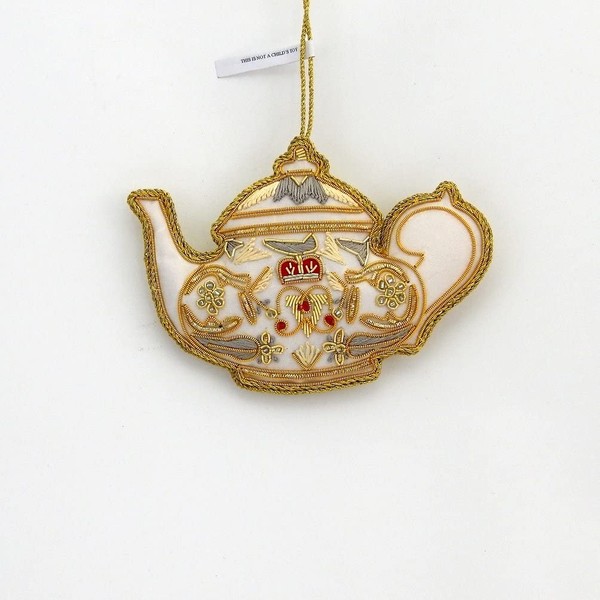 Zardozi Embroidery - White Teapot with Gold Leatherette Back -