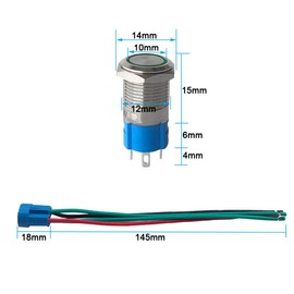 QitinDasen 3Pcs Premium 12mm Momentary Push Button Switch, 12V / 24V 3A Car Ignition Starter Switch, Green LED Light Stainless Steel IP66 Waterproof Switch with Socket Plug Wire