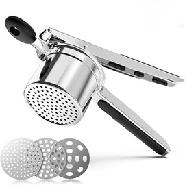 Stainless Steel Potato Ricer and Masher with Easy-Grip Silicone Handles - Includes 3 Interchangeable Discs for Fluffy Mashed Potatoes, Fruit Juicer, and Lemon Squeezer - Kitchen Accessories