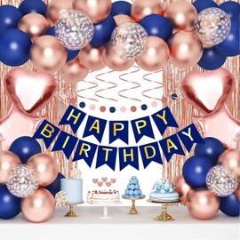 Happy Birthday Banner, Fringe Curtains, Confetti Balloons, Foil Heart & Star Balloons, Hanging Swirls – Princess Party Decor for Women & Girls (Rosegold Blue)