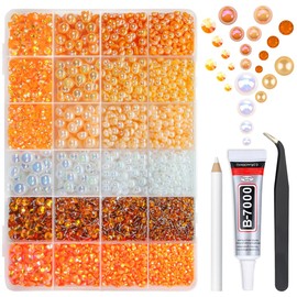 qiipii Bright Orange 3mm-10mm Flatback Pearls and Rhinestones w B7000 Jewelry Glue for Bedazzling Crafting Half Pearls Resin Stones Diamonds for Face Eyes Makeup Tumblers Bottles Crafts Grad Cap Shoes