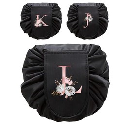 Floral & Letter Pattern Multifunctional Travel Bag, Cosmetic Travel Storage Bag, Drawstring Makeup Organizer, Portable Waterproof Travel Bag for Women - Color: Black, Size: X