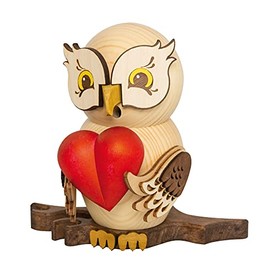 Drechslerei Kuhnert Smoking Figure / Incense Figure Owl with Heart Made of Solid Wood Approx. 15 cm Made in Germany