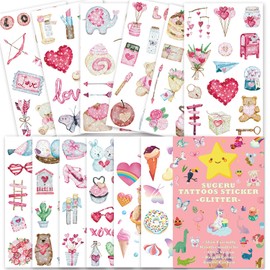 Sugeru 100+ Children's Skin-friendly Tattoos, Glitter Tattoos, Sticker, Kids, Girls, Party Bags, Children's Birthday Party Bag, Soybean Extract, Natural Safe Ingredients (Shiny Love)