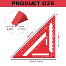 Aluminum Carpenter Square 7 Inch, Rafter Square Carpenter for Angle Drawing, Metal Triangle Ruler Imperial Protractor for Woodworking and Carpentry(Color:Red)