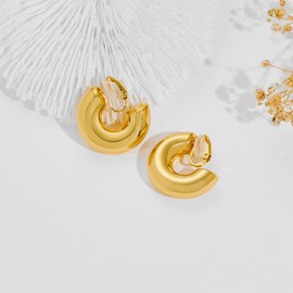 WOWORAMA Chunky Goldene Clip Hoop Ohrringe für Damen C Dicke Creolen Statement Clip Ohrringe ohne Piercing, 30mm Goldene Chunky Creolen Ohrringe