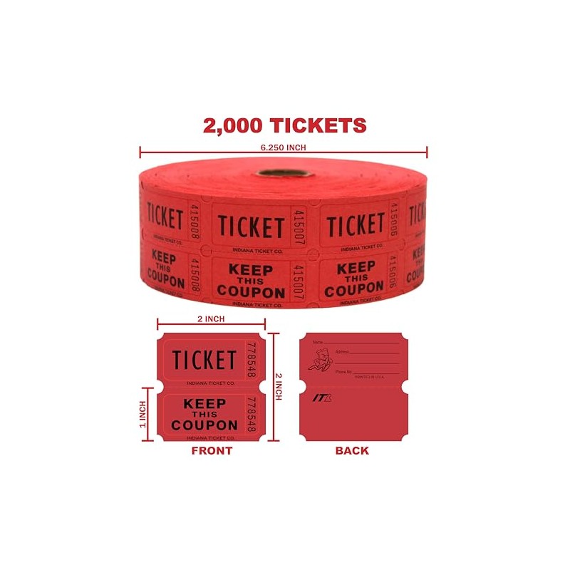 INDIANA TICKET CO. 2,000 Red Raffle Tickets Double Roll, 50/50