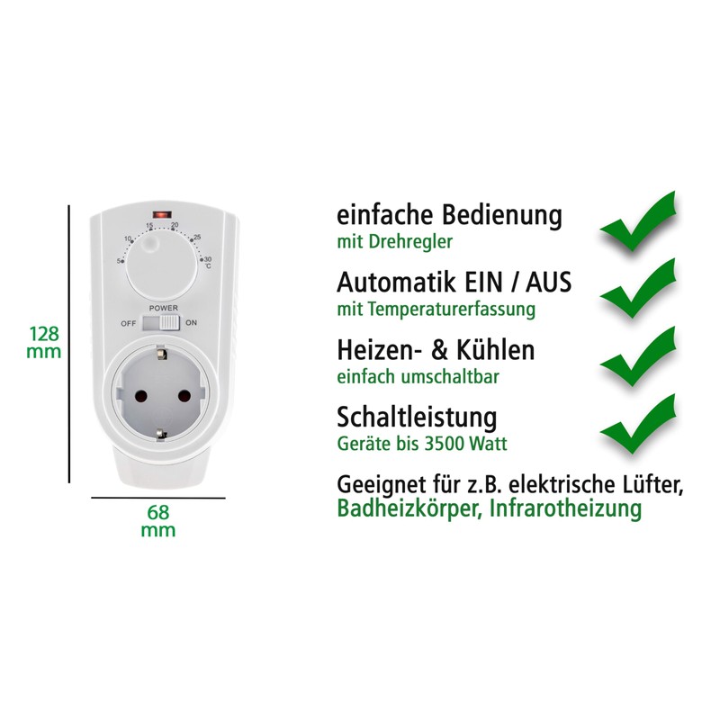Socket Thermostat, Max. 3500 W, On/Off/Auto, 230 V for Heating
