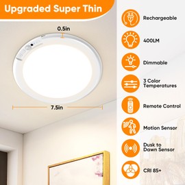 Rechargeable Motion Sensor Ceiling Light with Remote, Battery Operated Ceiling Light No Wiring, Wireless LED Ceiling Light, 3 Colors Dimmable Indoor Overhead Lamp for Closet Shower Pantry Shed Hallway