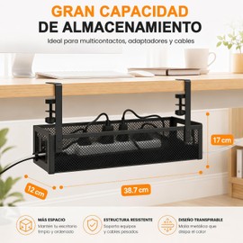 Organizador de Cables Bajo el Escritorio sin Taladro, 38.7x12x7 cm, Negro Acero al carbono con malla abierta, 2 abrazaderas, 2 clips y 4 tiras de velcro; acomoda regletas, cargadores y adaptadores