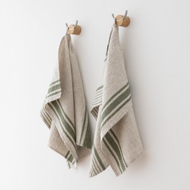 LinenMe Set of 2 Tea Towels Linen 100%, 45 x 66 cm Provence - Linen Towel with Hanger - Tea Towels & Kitchen Towels in Natural/Forest Green Stripes, Made in Lithuania