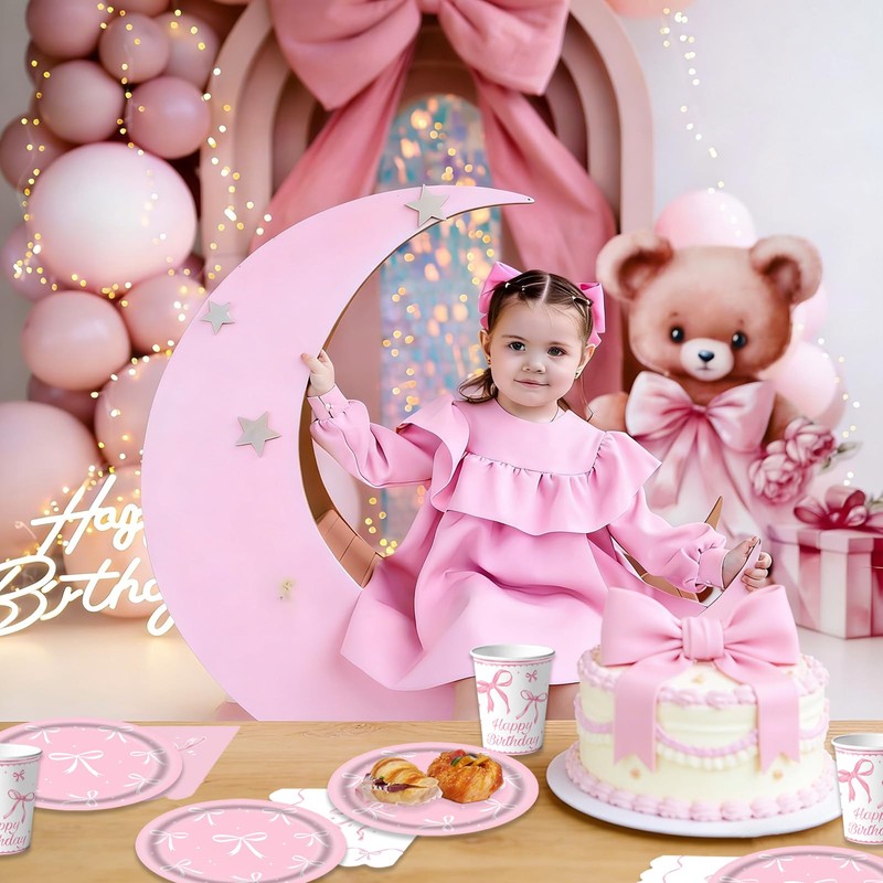 Bikasun Pink Bow Party Tableware Set Princess Children's Birthday Tableware