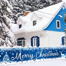 Blue Christmas Decorations Garden Banner, Large 9.8 * 1.6ft Blue Christmas Decorations Outdoor Blue and Sliver Christmas Decorations Yard Sign Blue Christmas Banner for Holiday Xmas Party Decorations