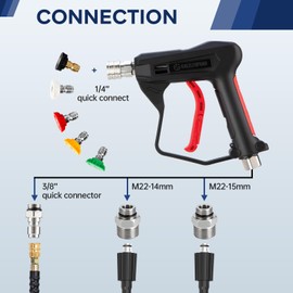 Short Pressure Washer Gun 1/4 Inch Quick Connector, Power Washer Gun with 5 Spray Nozzle Tips, 3/8'' Quick Connect Plug and M22-14/15mm Fittings, Compatible with Foam Cannon, 4350 PSI