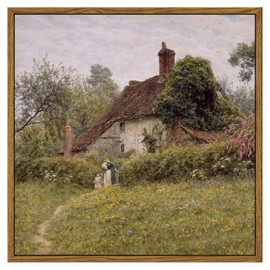 InSimSea Square Framed Canvas Wall Art, Vintage Landscape Prints Old Cottages Countryside Landscape Canvas Wall Art, Rustic Farmhouse Wall Decor for Bedroom Living Room Bathroom 12"x12"