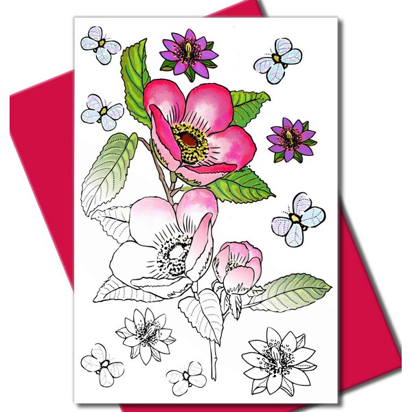 Art Eclect Adult Coloring Flower Greeting Cards for Birthdays, Anniversary, Thank You and Sympathy Cards (10 Cards With 10 Different Unique Designs and 10 Fuchsia Envelopes, Set Flowers B/Pink